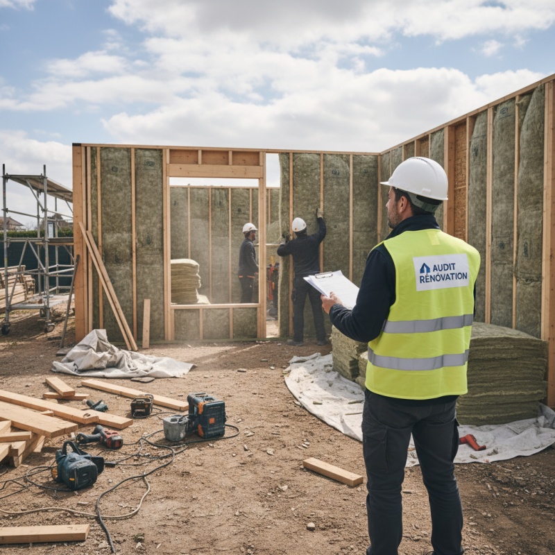 Maître d'œuvre Audit Rénovation contrôlant la qualité des travaux d'isolation sur un chantier de rénovation de maison individuelle.