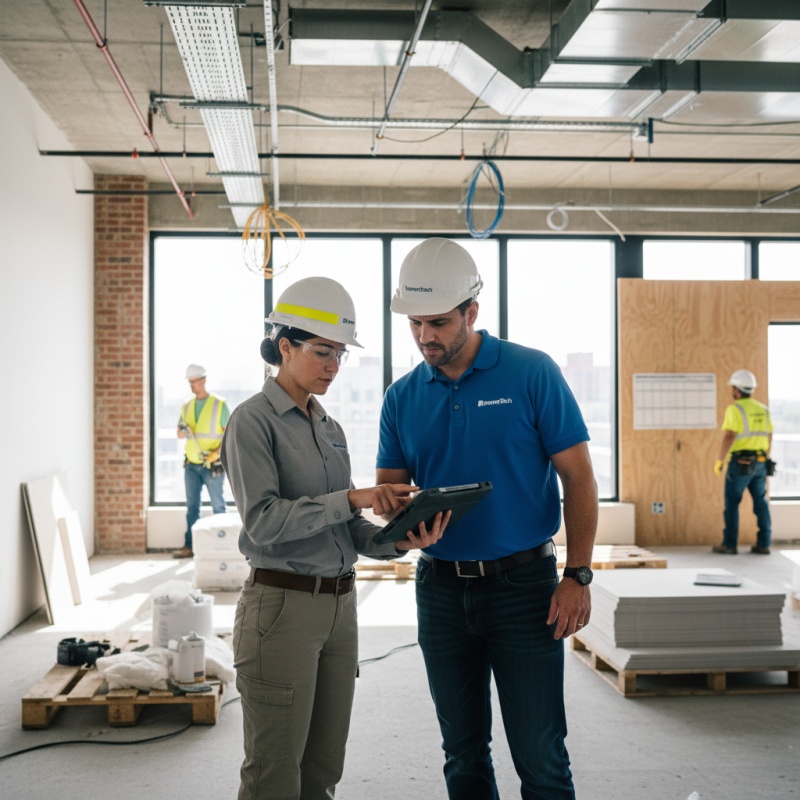 Maître d'œuvre Audit Rénovation discutant des plans de rénovation tertiaire avec un client dans un bureau.