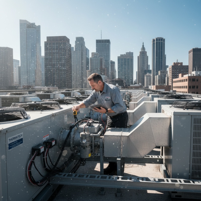 Expert en CVC réalisant la maintenance d'un système de ventilation sur le toit d'un immeuble de bureaux.