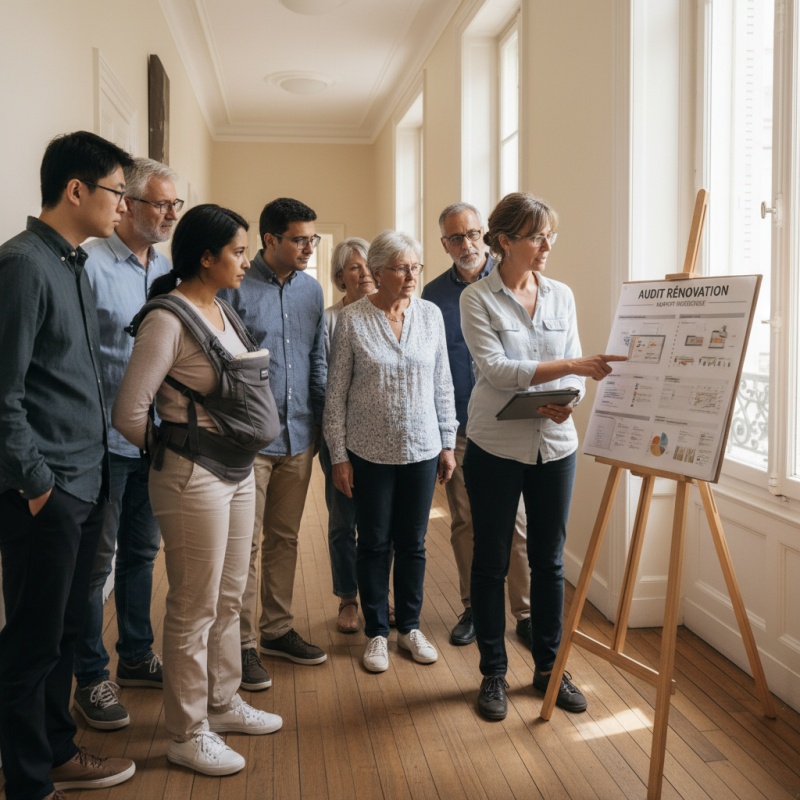 Expert RGE présentant un audit énergétique à un conseil syndical dans un immeuble