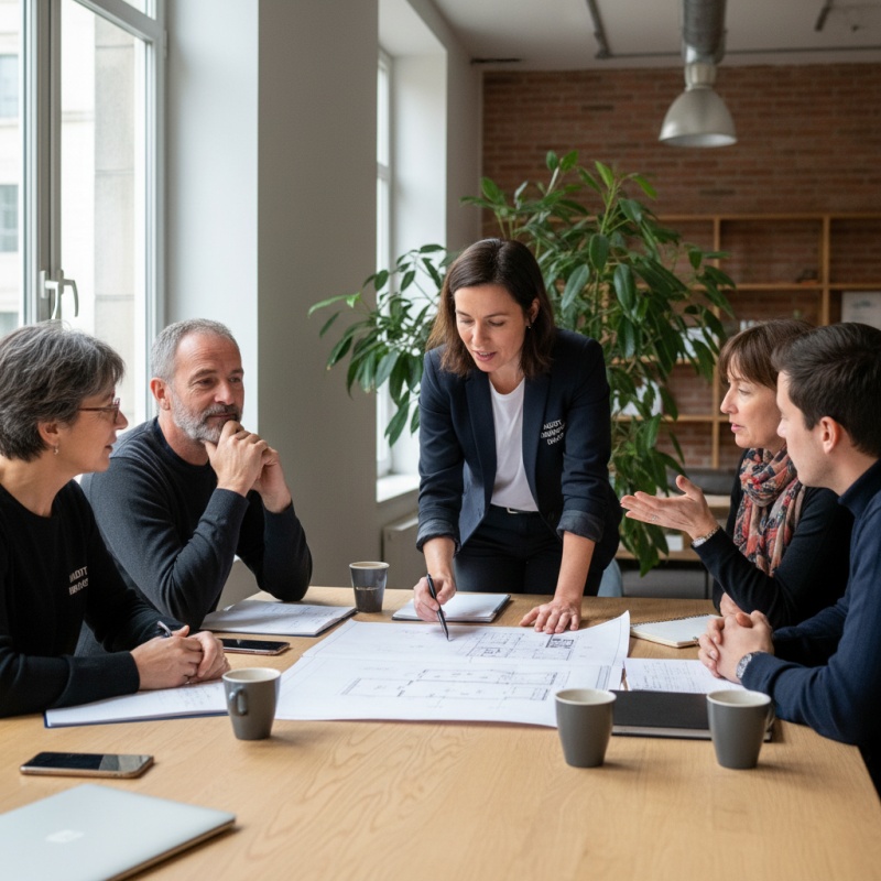 Assistant à Maîtrise d'Ouvrage (AMO) expliquant un plan de financement à des copropriétaires