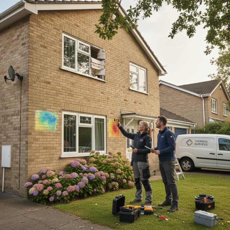 Maître d'œuvre RGE utilisant une caméra thermique pour détecter les ponts thermiques sur une maison.