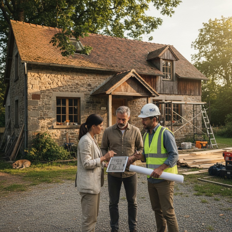 Maître d'œuvre RGE expliquant les plans de rénovation énergétique à un propriétaire de maison.