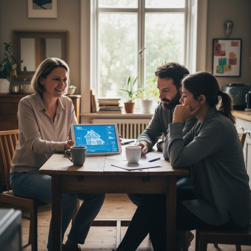 Un Accompagnateur Rénov' discutant des plans de rénovation énergétique avec un couple de propriétaires.