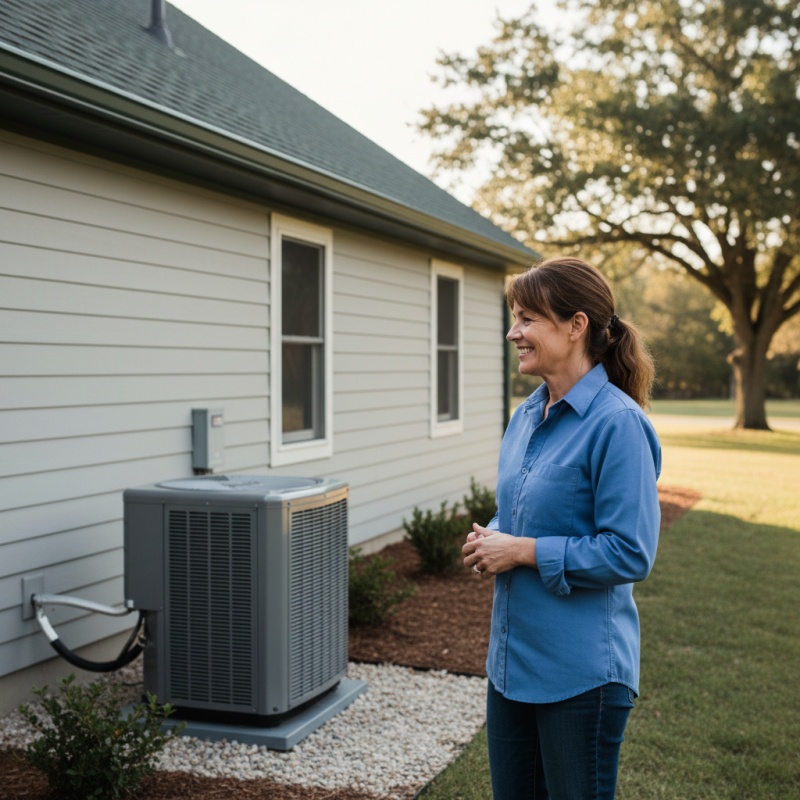 Propriétaire satisfait devant sa maison après une rénovation énergétique réussie.
