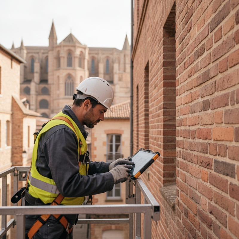 Technicien RGE réalisant un diagnostic énergétique sur une maison en brique rouge à Albi.