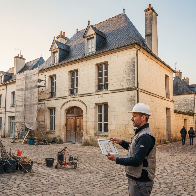 Expert Mon Accompagnateur Rénov' analysant une façade en tuffeau à Angers pour une rénovation énergétique.