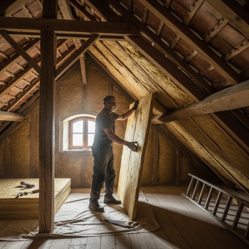 Artisan RGE posant un isolant biosourcé dans une maison en Corrèze