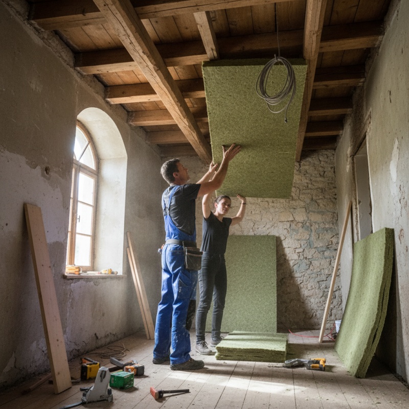 Artisan qualifié installant un isolant biosourcé dans une maison en rénovation dans l'Aude.