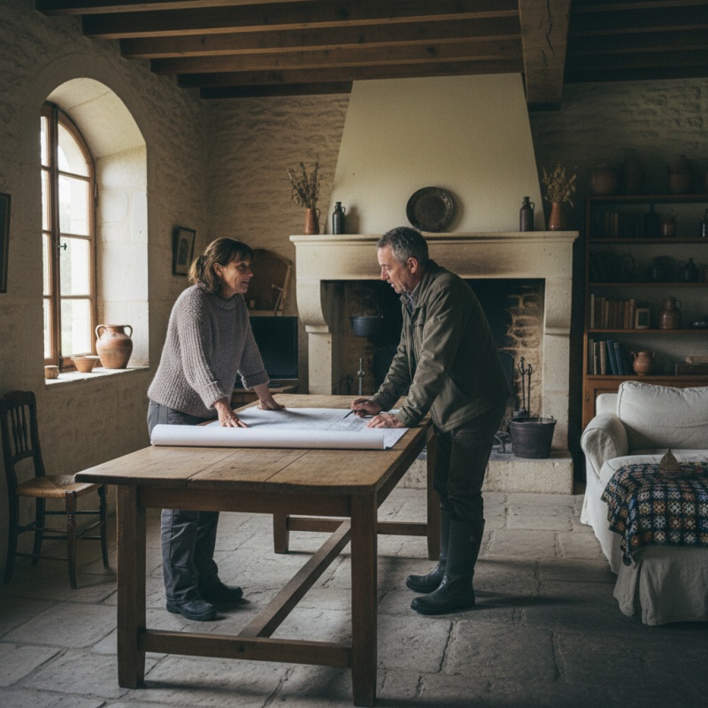 Propriétaire discutant des plans de rénovation avec son Accompagnateur Rénov' à Caylus