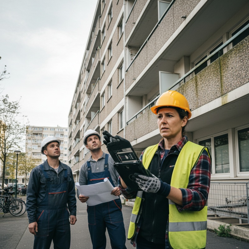 Expert Mon Accompagnateur Rénov' analysant un immeuble des années 70 à Cergy pour une rénovation énergétique.