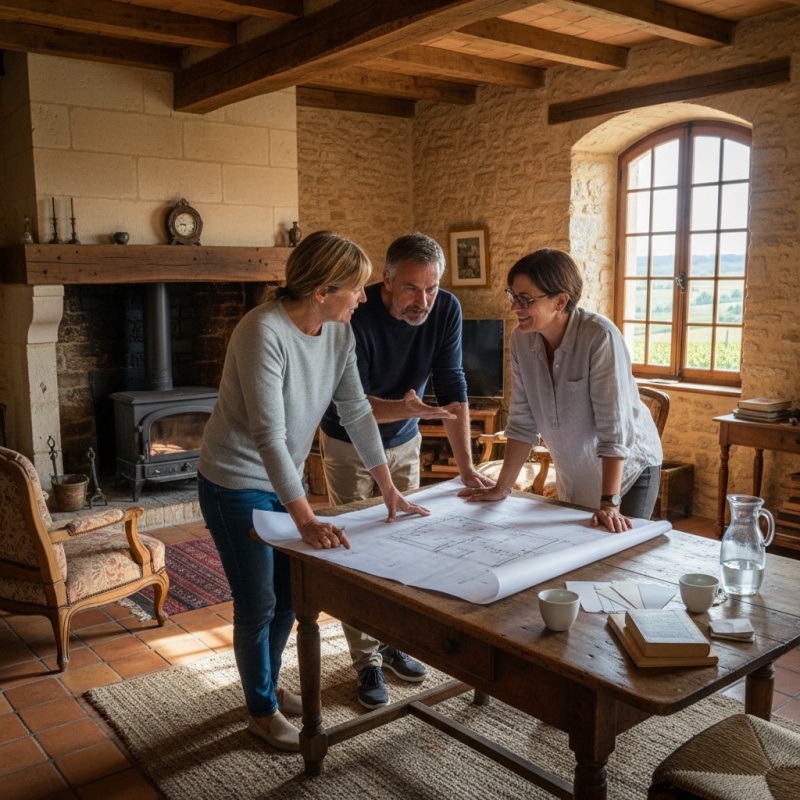 Propriétaires à Figeac planifiant leur rénovation énergétique avec un conseiller France Rénov du Lot
