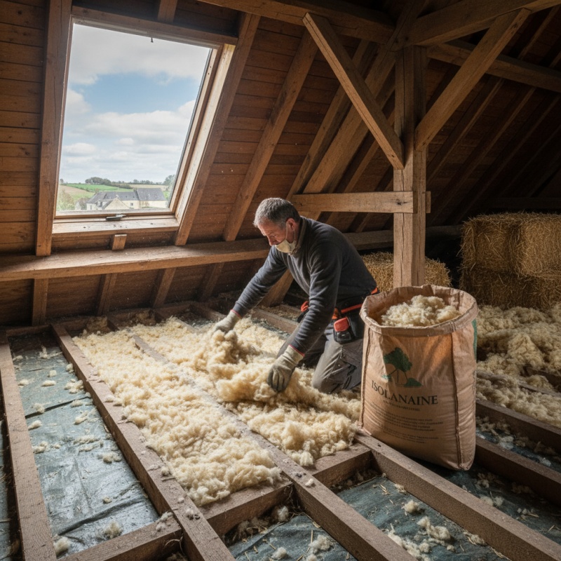 Artisan RGE partenaire posant un isolant biosourcé dans une maison en rénovation en Vendée.