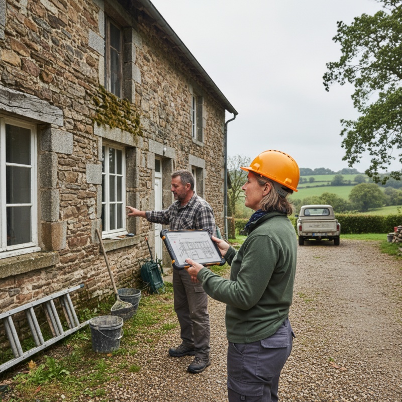 Expert Mon Accompagnateur Rénov évaluant une maison en schiste typique de Laval en Mayenne