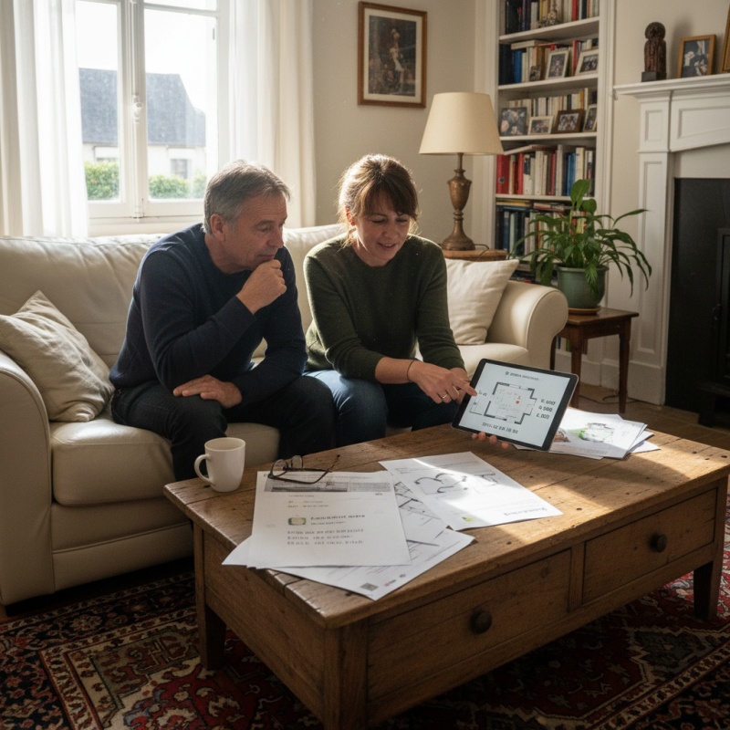 Couple de propriétaires lavallois consultant un conseiller France Rénov pour financer leurs travaux