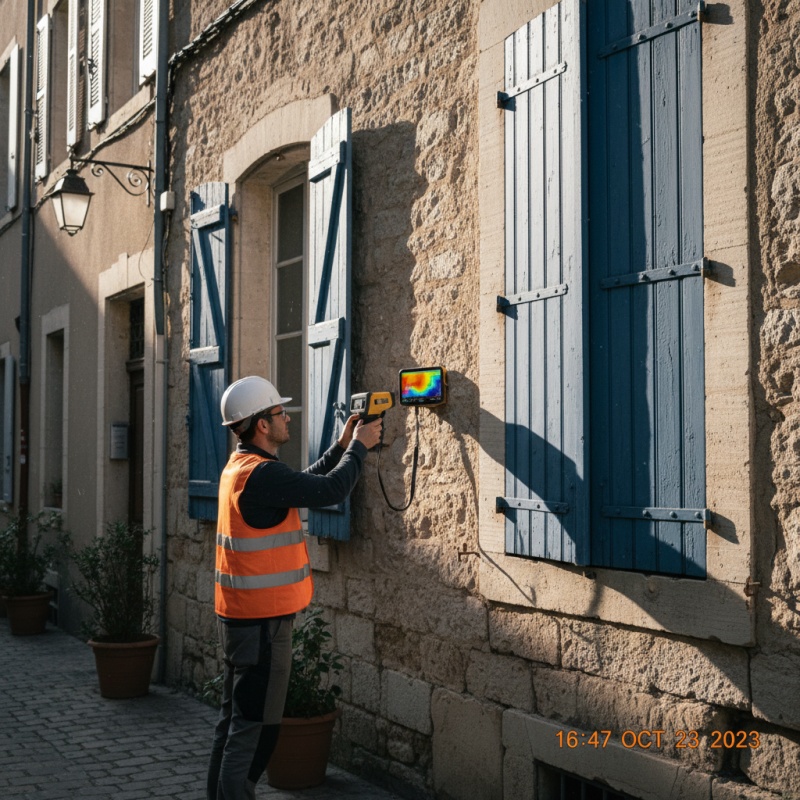 Technicien réalisant un diagnostic thermique sur une façade de maison à Montpellier
