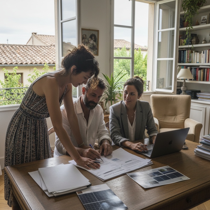 Couple de montpelliérains consultant un dossier d'aides à la rénovation avec un conseiller