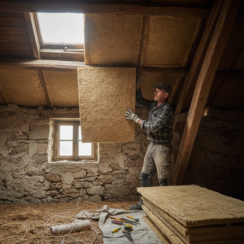 Artisan qualifié posant un isolant biosourcé dans une maison de l'Aude.