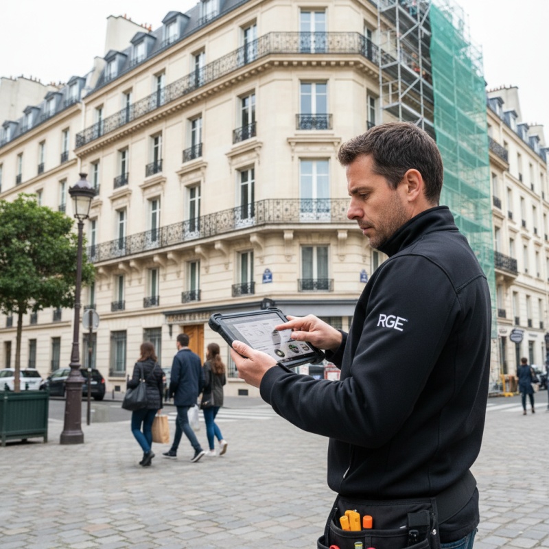 Accompagnateur Rénov réalisant un diagnostic sur un immeuble haussmannien à Paris