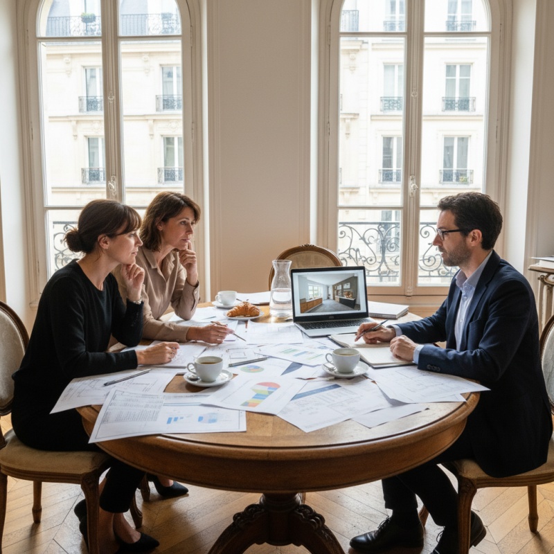 Couple parisien planifiant le financement de leur rénovation énergétique avec un conseiller