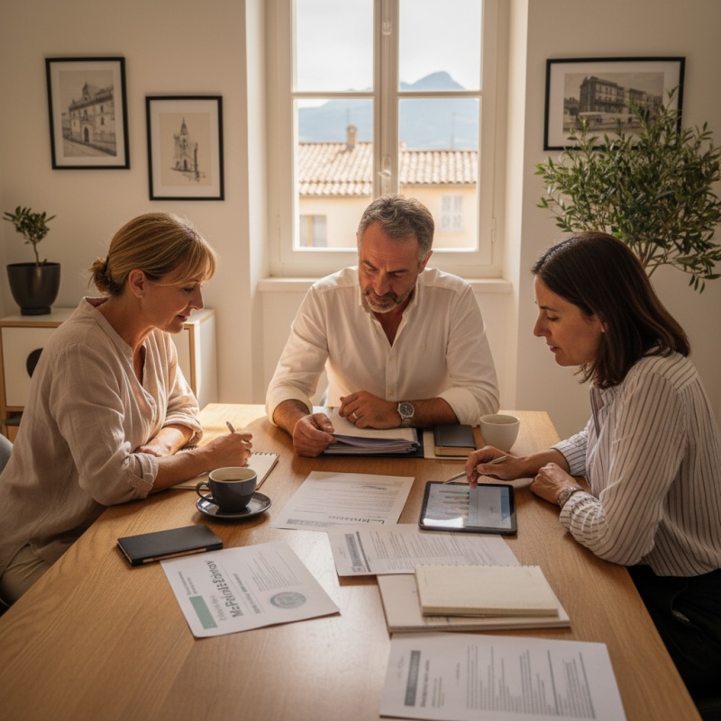 Conseiller France Rénov' expliquant les aides MaPrimeRénov' à un couple à Perpignan.