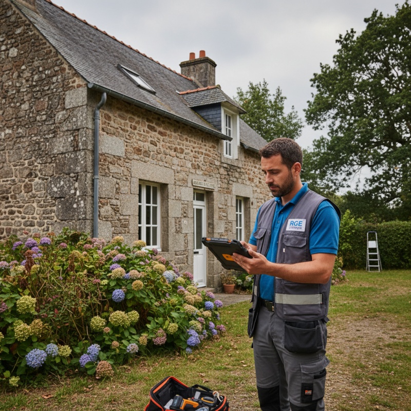 Technicien RGE réalisant un audit énergétique sur une maison bretonne à Rennes