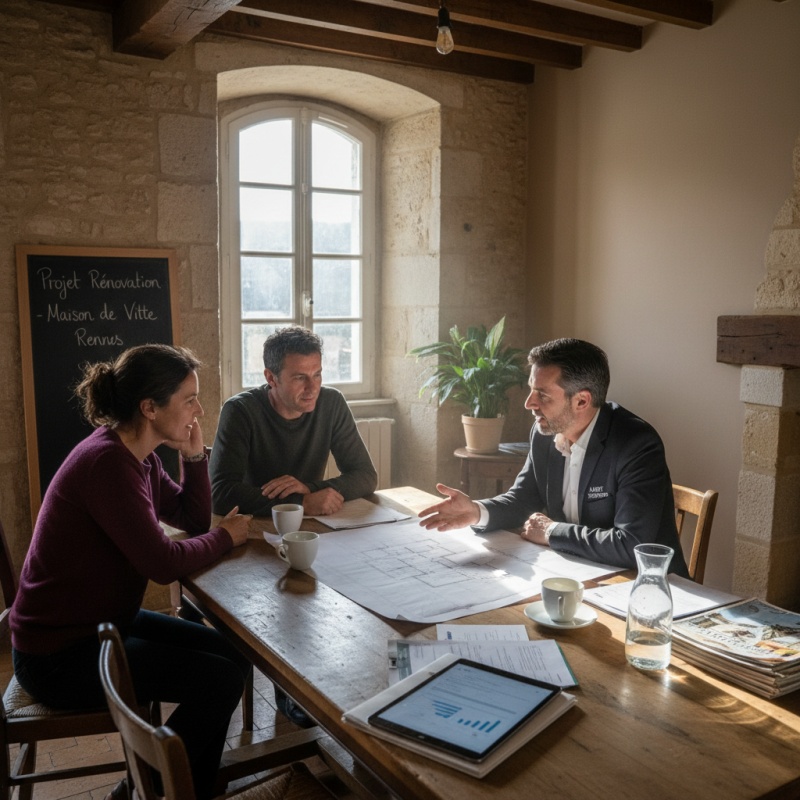 Conseiller Audit Rénovation expliquant les aides financières à un couple à Rennes