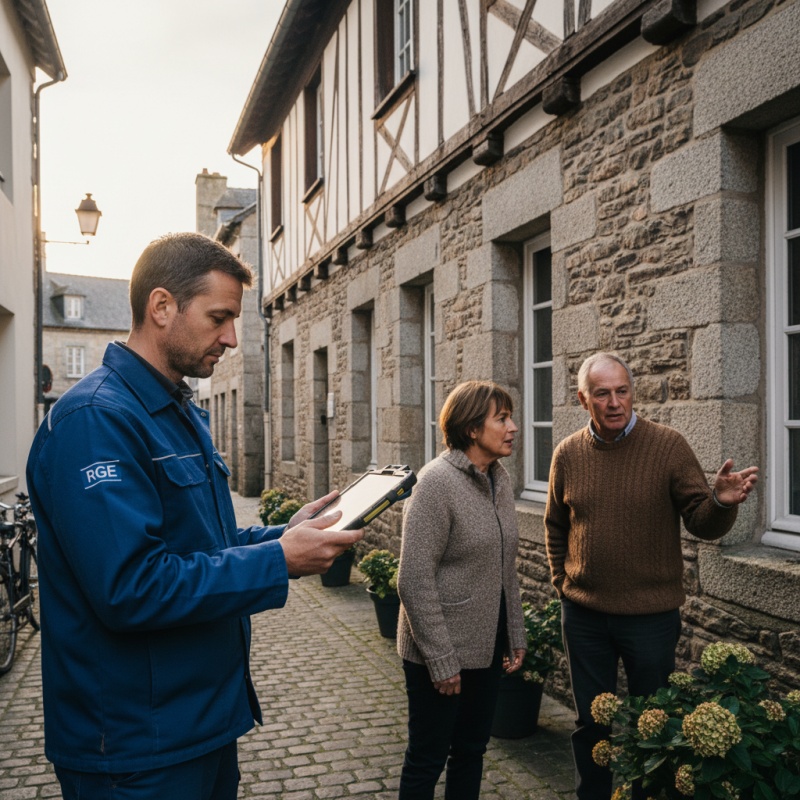 Technicien RGE réalisant un audit énergétique sur une maison bretonne à Vannes