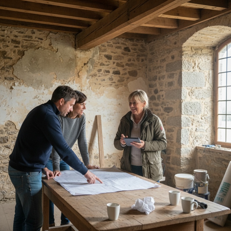 Couple de propriétaires vannetais en discussion avec leur Accompagnateur Rénov'