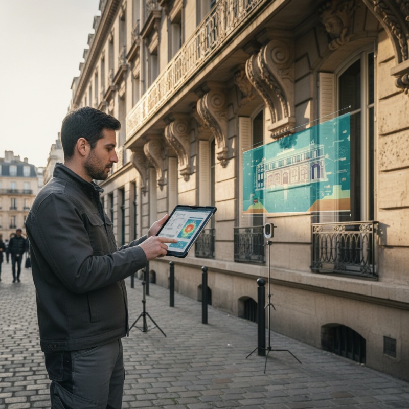 Expert Mon Accompagnateur Rénov réalisant un diagnostic sur un immeuble ancien à Versailles