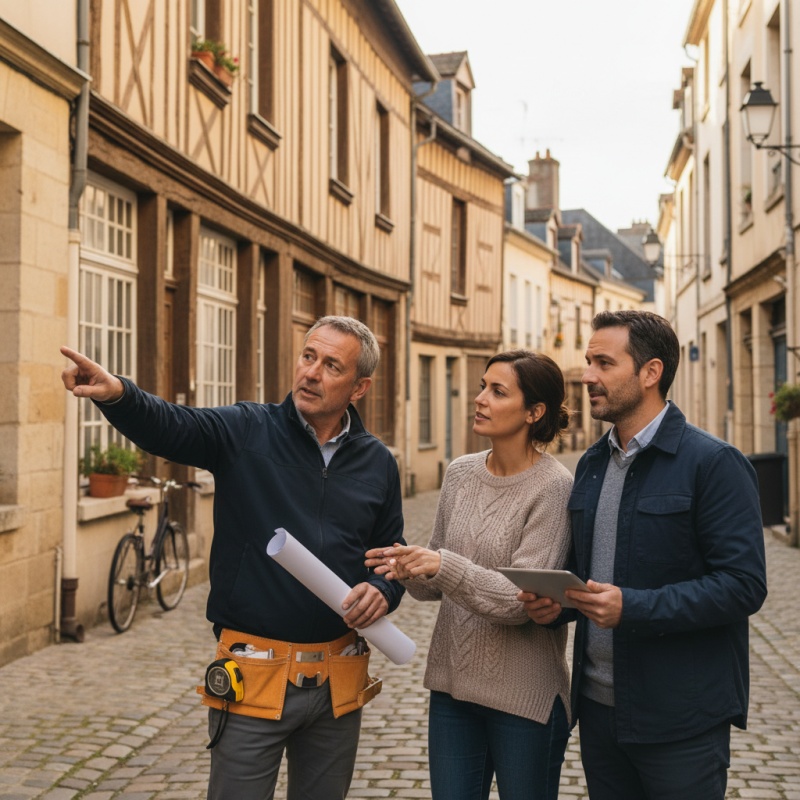 Accompagnateur Rénov au Mans discutant d'un projet de rénovation énergétique devant une maison sarthoise