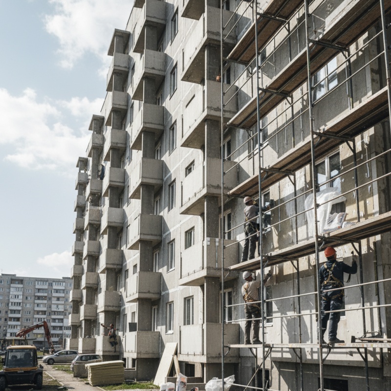 Artisans RGE réalisant une isolation thermique par l'extérieur sur un immeuble en copropriété.