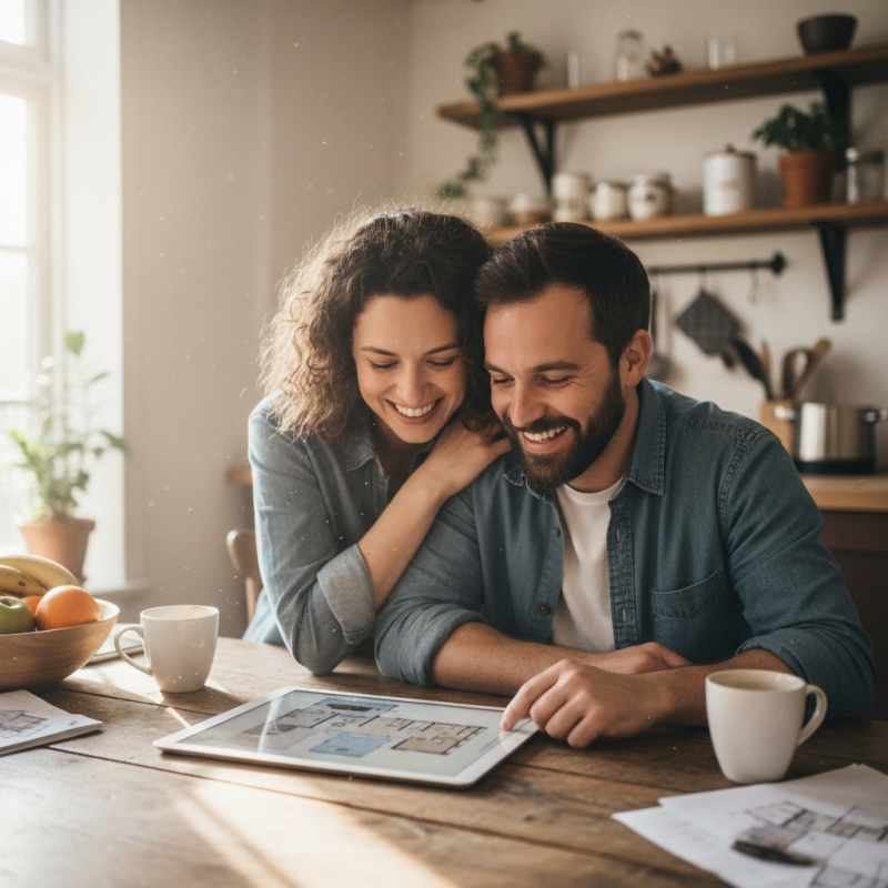 Couple consultant un plan de rénovation énergétique pour leur maison individuelle sur une tablette.