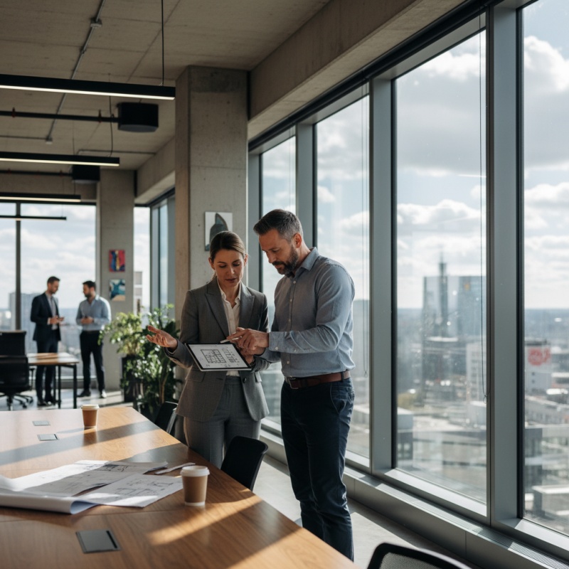 Consultant en rénovation énergétique discutant de la prime CEE tertiaire avec un chef d'entreprise dans ses bureaux.