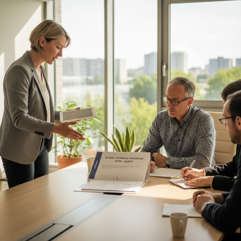 Expert RGE présentant un devis détaillé pour un prix DTG à un syndic de copropriété