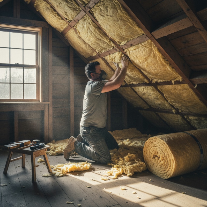 Artisan RGE posant de l'isolant dans les combles pour des travaux de rénovation énergétique bénéficiant de la TVA à 5,5%